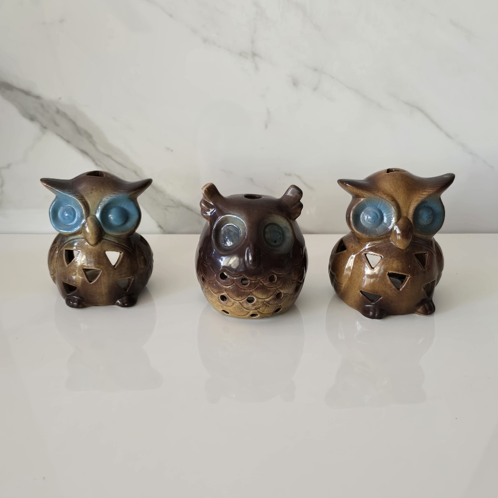 Ceramic Owl Figurines with Blue Eyes